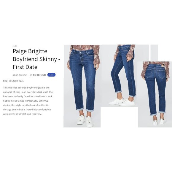 PAIGE Brigitte Boyfriend Skinny Jeans Size 34 Waist First Date Transcend Denim - Picture 10 of 12